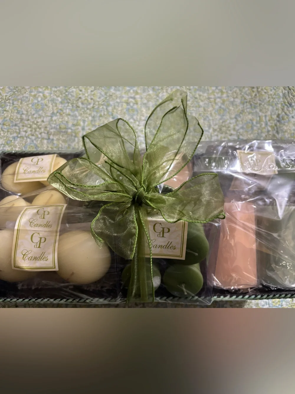 Embossed Olive Green Tin Basket with Candles